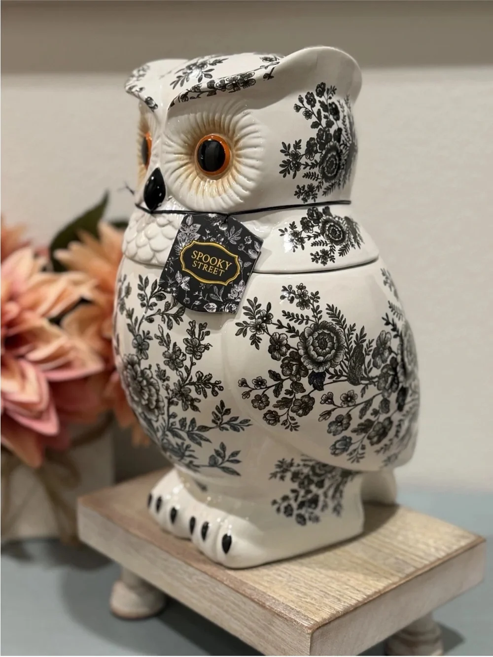 Spooky Street Owl Cookie Jar White Black Floral Toile Ceramic 78oz Halloween New